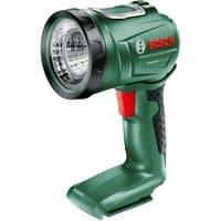 Green Bosch 18V cordless work light with black grip, large round LED lamp, and red power button.