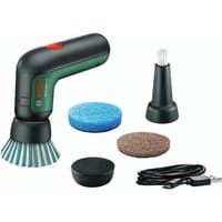 Black and green Bosch cordless cleaning brush with attachments, including bristle head, sponges, and USB charging cable.