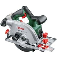 Bosch UniversalCirc 18V-53 circular saw, silver and green, with red adjustment knobs and black handle.