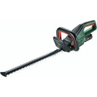 Green Bosch cordless hedgecutter with black blade, red accents, and 2Ah battery.