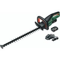 Green Bosch cordless hedgecutter with black blade, red accents, 2Ah battery, and charger.