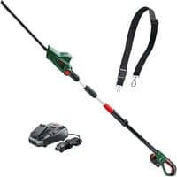 Green Bosch cordless telescopic hedgecutter with black pole, 2.5Ah battery, charger, and shoulder strap.