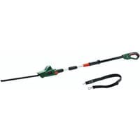 Bosch green cordless telescopic hedgecutter with black pole, red accents, and adjustable shoulder strap.