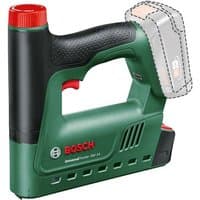 Green Bosch UniversalTacker 18V-14 nailer/stapler with black grip and red trigger, battery slot visible.
