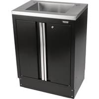 Black BUNKER modular floor cabinet with sink, two doors, and sleek silver handles, 680mm width.