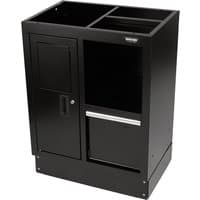 Black BUNKER modular floor cabinet, 680mm, with dual compartments, one with a door and handle, sleek modern design.