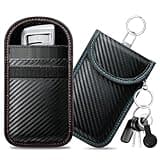 Red and blue Faraday pouches for car keys with carbon fiber texture, each with a key ring attachment.