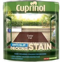 Cuprinol Anti Slip Decking Stain can with green label, showing cedar fall color and outdoor deck illustration.