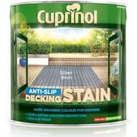 Cuprinol Anti-Slip Decking Stain tin, Silver Birch color, featuring garden decking imagery on the label.