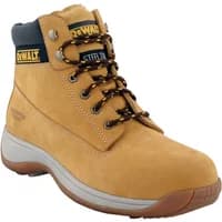 Tan Dewalt Apprentice Safety Boot, size 11, with black collar, yellow logo, and brown laces on a rubber sole.