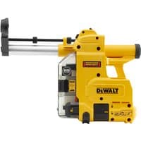 Yellow DeWalt SDS+ dust extractor with clear dust container, black accents, and adjustable metal rods.