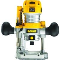 Yellow and silver DeWalt 1/4" plunge router with dual black handles and clear base, featuring depth adjustment knob.