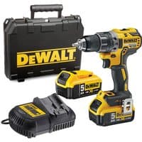 Yellow and black DeWalt compact drill driver with two 5.0Ah batteries, charger, and carrying case.