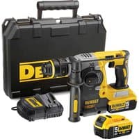 Yellow and black DeWalt cordless SDS Plus hammer drill with brushless motor, battery, charger, and carrying case.