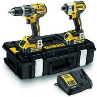 Yellow and black DeWalt impact driver and hammer drill set with two 5.0Ah batteries on a sturdy black case.