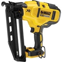 Yellow DeWalt cordless nail gun with black handle, brushless motor, and angled magazine for finish nails.