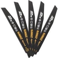 Black Dewalt reciprocating saw blades, 228mm, 10 TPI, pack of 5, with yellow branding and 2x longer life text.