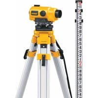 Yellow DEWALT auto level on a silver tripod with a black and white leveling rod.