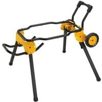 Yellow and black DeWalt rolling table saw stand with sturdy metal frame and two wheels for easy mobility.