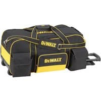 Black and yellow Dewalt duffle storage bag with multiple pockets, reinforced handles, and a telescopic handle.