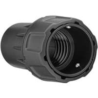 Black cylindrical DEWALT DWV9000 dust connector with threaded interior and textured exterior grip.