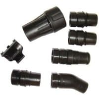 Black DEWALT DWV9220 dust connection kit with various hose adapters and connectors for woodworking.