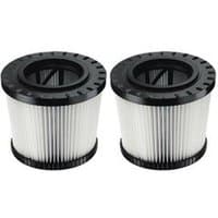 Two cylindrical DeWalt replacement filters with black tops and pleated white bodies for DWV902M Type 2 & DWV900L.