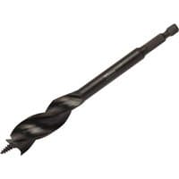 Black DeWalt Extreme Tri-Flute Spade Bit, 18 x 152mm, with sharp spiral design and hex shank.