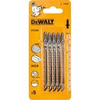 Yellow pack of 5 DeWalt T101D HCS wood cutting jigsaw blades with silver teeth and black shanks.