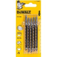 DeWalt T144D HCS wood cutting jigsaw blades, 5-pack, black and silver with yellow packaging.