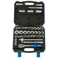 Draper 41-piece socket set with ratchet, extensions, and sockets in a black and blue hard case.