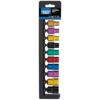 Draper 1/2'' Sq. Dr. Metric Coloured Socket Set with vibrant sockets in black, yellow, purple, red, green, and blue.