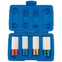 Blue case with four Draper 1/2" wheel nut sockets in red, blue, gold, and green for alloy wheels.