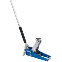 Blue and silver aluminium trolley jack with black handle, 1.25 tonne capacity, by Draper.
