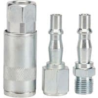 Silver Draper 1/4" Bsp air line coupling set, includes one large coupler and two smaller connectors with hexagonal bases.