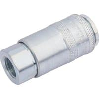 Silver Draper 1/4" female thread PCL parallel airflow coupling with knurled grip and hexagonal end.