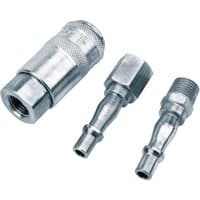 Silver Draper 1/4" PCL BSP air line coupling set, includes one knurled connector and two smooth fittings.