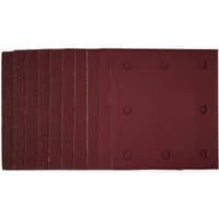 Red Draper sanding sheets, 115x105mm, assorted grit, pack of 10, with hook and loop backing, stacked in a row.
