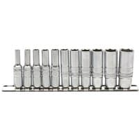 "Draper 11-piece 1/4 inch square drive imperial deep sockets on metal rail, polished chrome finish, varying sizes"