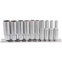 Draper 1/4'' square drive metric deep sockets on a metal rail, silver finish, arranged in ascending size order.