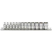 Draper 13-piece metric socket set on metal rail, silver finish, includes various socket sizes for 1/4" square drive.