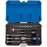 Blue and black Draper 1/4" socket set with 40 pieces including ratchet, sockets, and extensions in a molded case.