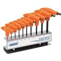Orange-handled Draper T-handle hex key set on a metal stand, featuring 10 imperial-sized tools with black shafts.