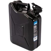 Black Draper 10L steel fuel can with secure cap, rectangular shape, and embossed details on the sides.
