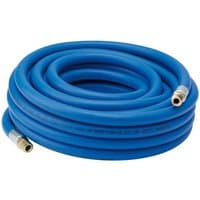 Blue Draper air line hose, 10M length, 1/4" BSP, 6MM bore, coiled with metal connectors on each end.