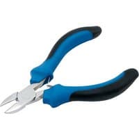 Blue and black Draper mini diagonal side cutter with sharp silver blades and ergonomic handles.