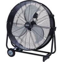 Black Draper 110V drum fan, 24-inch with metal frame, large blades, and wheels for mobility.