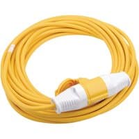 Yellow Draper 110V extension cable, 14m length, 2.5mm thickness, with white connectors and a coiled design.