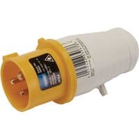 Yellow and white Draper 110V site plug, 16A, with three metal prongs and a ribbed grip design.