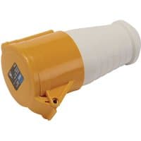 Yellow and white Draper 110V site socket, 32A, with ribbed grip and blue label on the side.